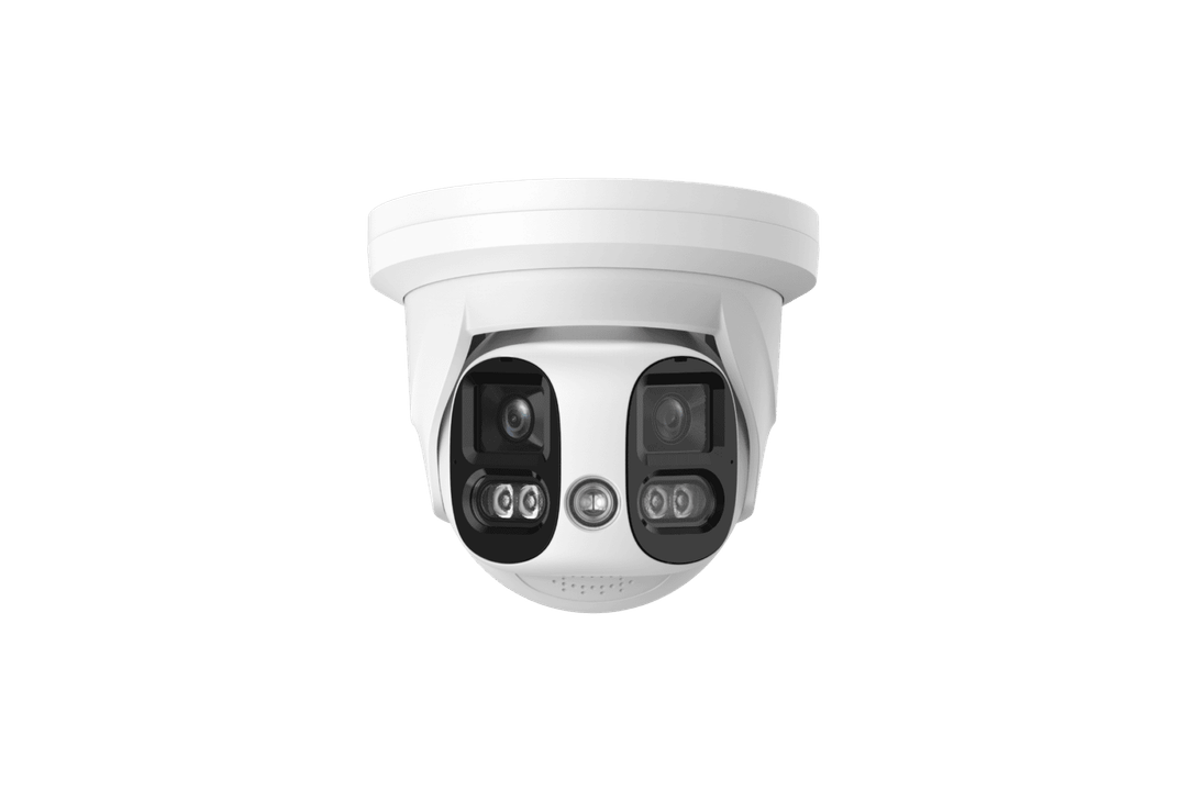 Hunt NDAA - 2 x 4MP Network R/B Strobe. Alarm, Stitched Turret Cam. 180 Stitched Multi-Sensor, Speaker, Smart search