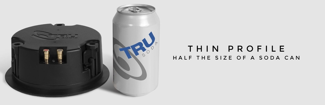 True Audio - Thin in-ceiling speaker, 5" injected poly woofer, 1" silk soft dome tweeter, includes backbox, less than 2.5" deep, 5-75 watts, 8O. Sold each.