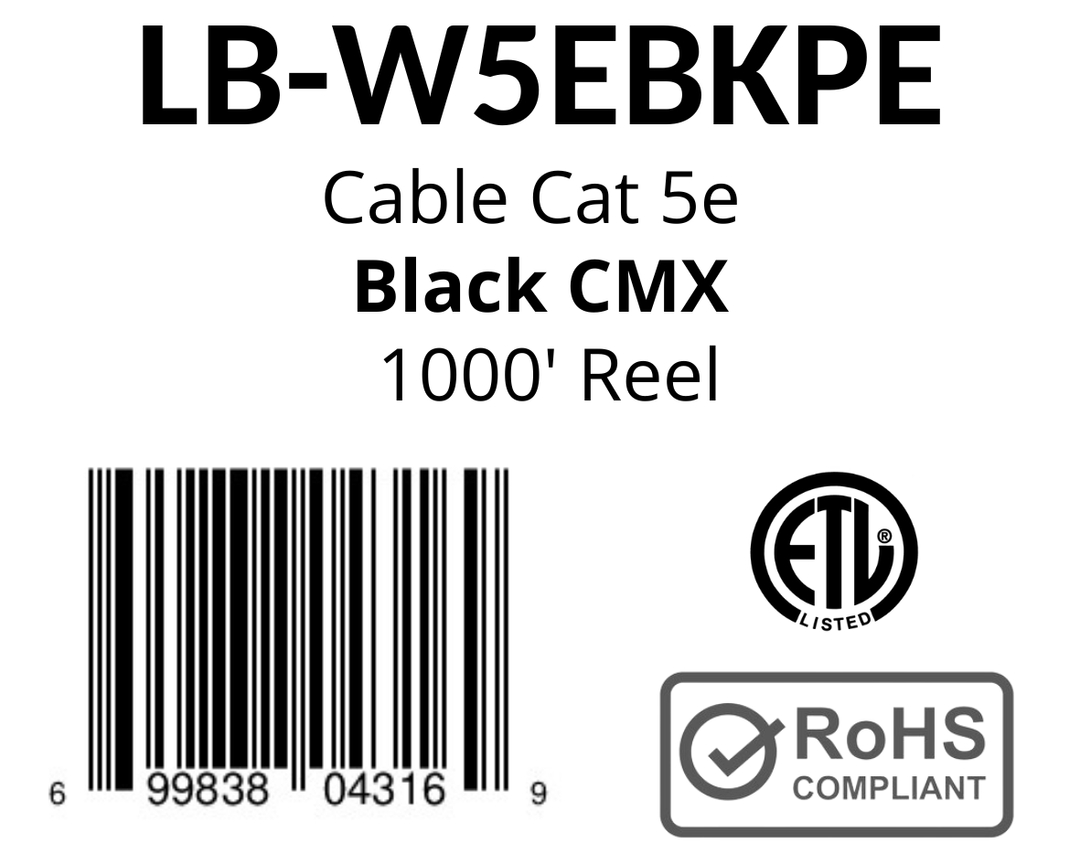 LIONBEAM - Cable Cat 5e CMX Black 1000' Reel Outdoor Rated