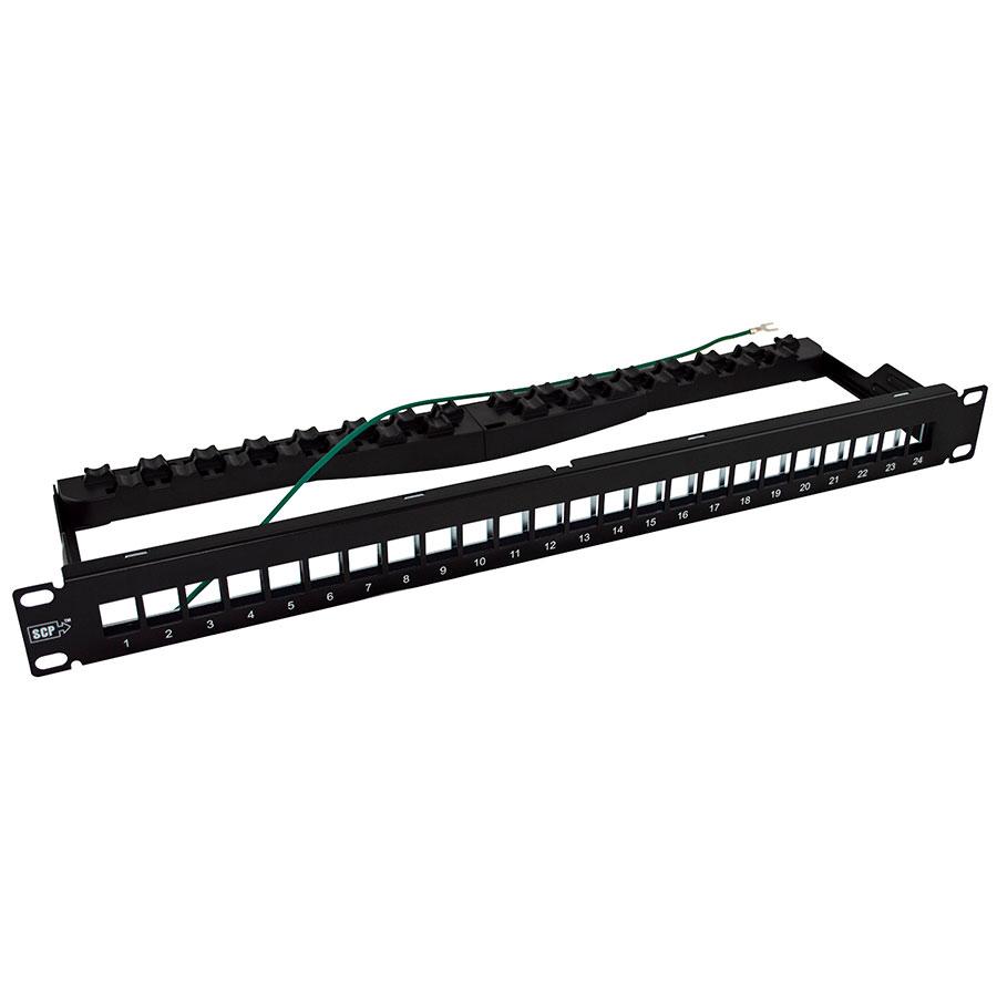 SCP | Patch Panel 24 PORT BLANK 10GBaseT SHIELDED FOR CAT6/6A/7A 1RU, WITH REAR CABLE MGT