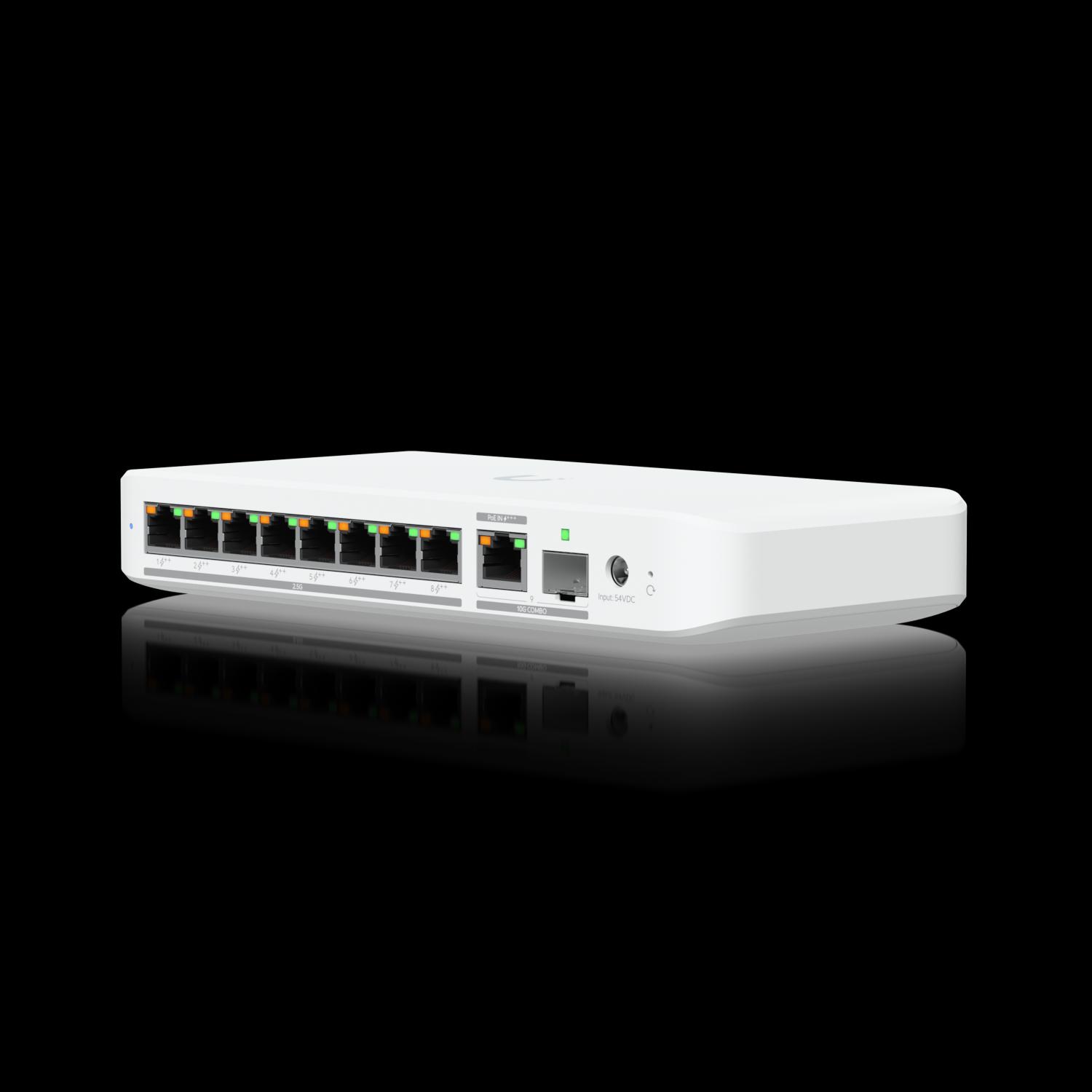 Ubiquiti - 8-port 2.5 GbE PoE++ switch,(1) 10 GbE RJ45/SFP+ combination uplink port can be powered with PoE+++ or an AC power adapter*.