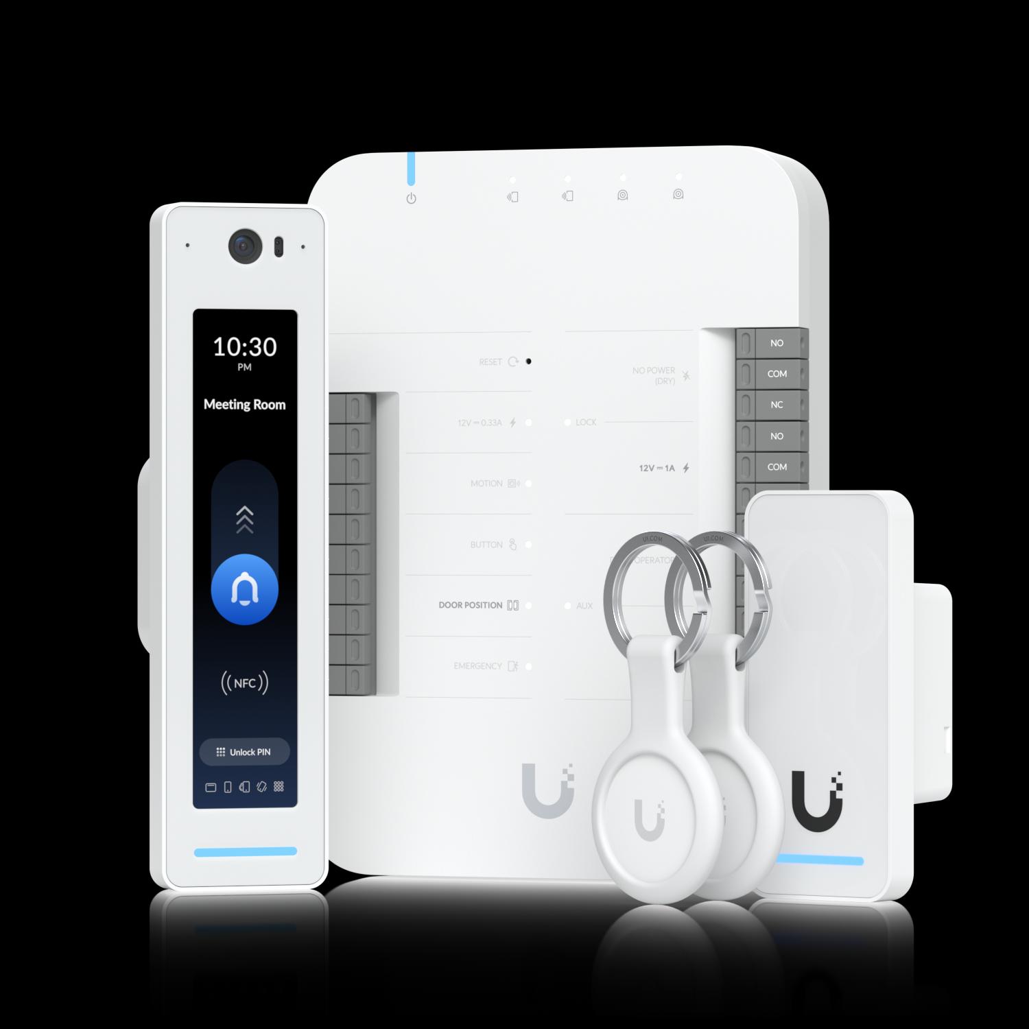 Ubiquiti - UniFi G2 Access Starter Kit Pro (1) UniFi Access Door Hub (1) Access Reader G2 Professional (1) Access Reader G2 for door exit or entrance for additional door (2) UniFi Access pocket key fob