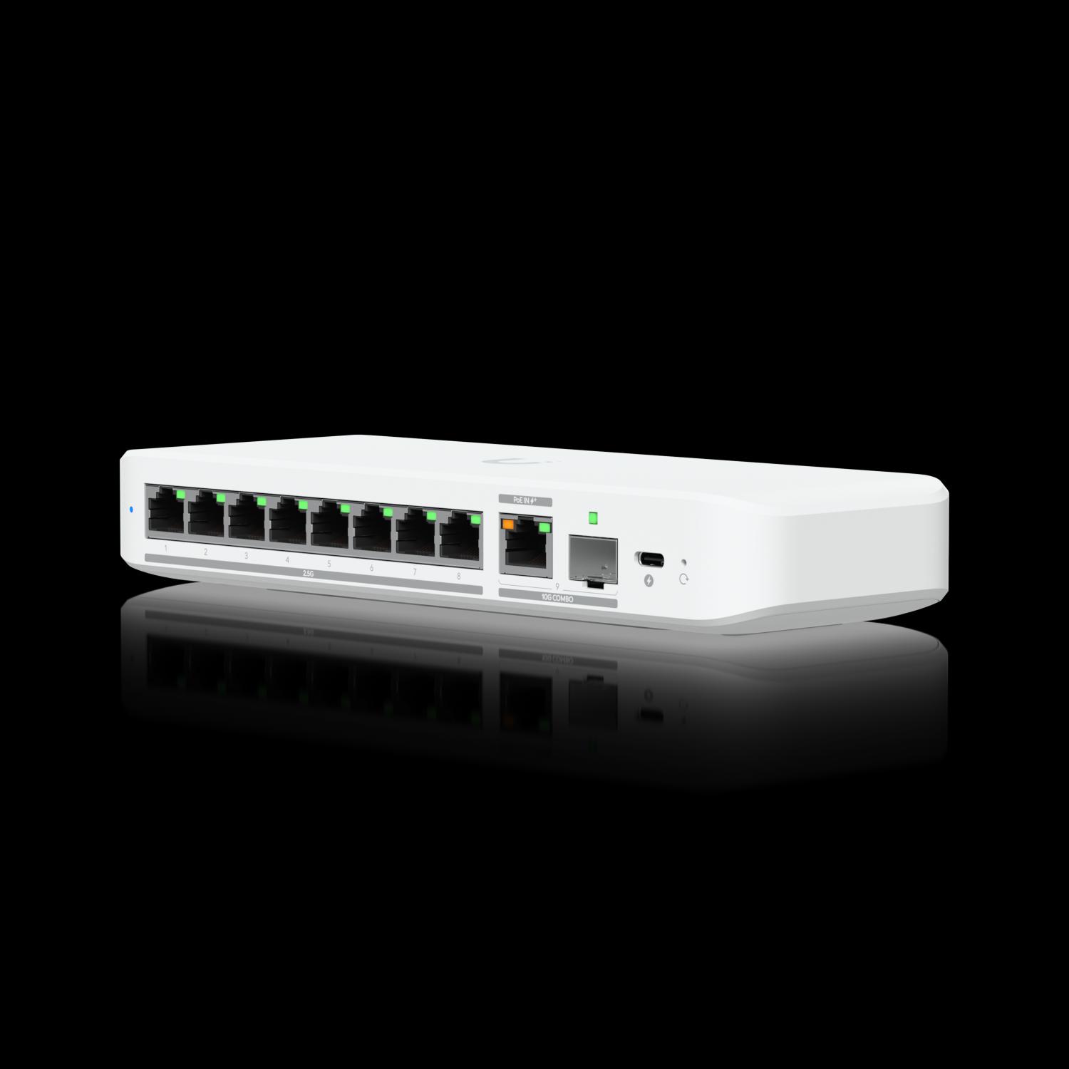 Ubiquiti - 8-port 2.5 GbE switch,(1) 10 GbE RJ45/SFP+ combination uplink port that can be powered with a USB-C or PoE+ adapter.