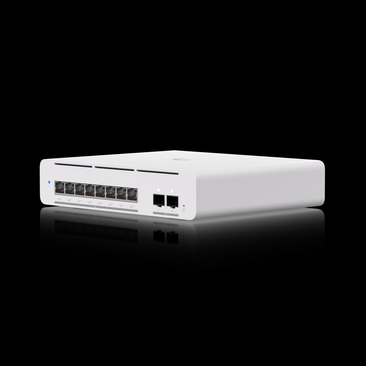 Ubiquiti - Compact desktop/wall-mountable, professional-grade 8-port, Layer 3 EtherlightingT PoE++ switch with (8) 10 GbE and (2) 10G SFP+ ports.