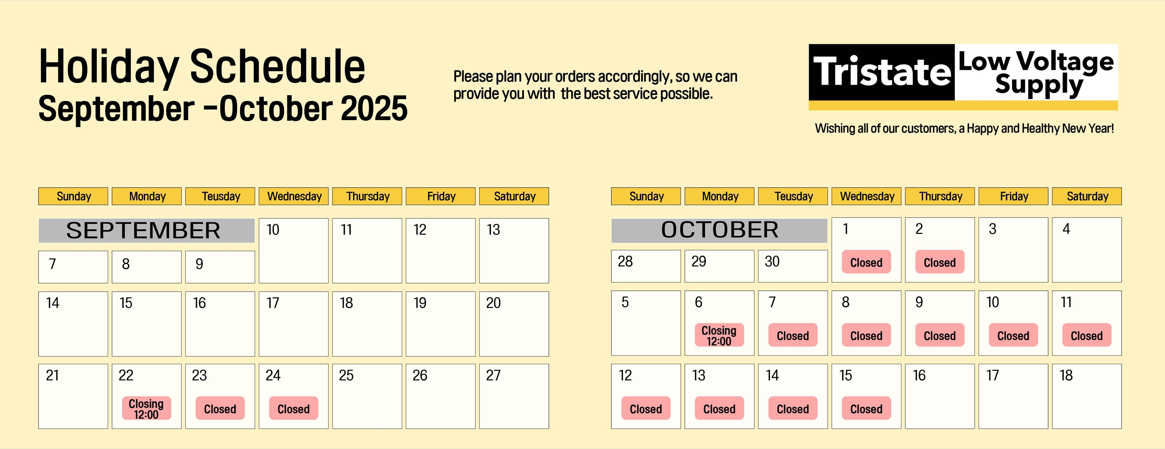 Sep 25 Holiday Schedule