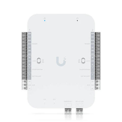 Ubiquiti - DC-powered hub that supports Wiegand and OSDP readers and provides entry and exit control for up to two doors.