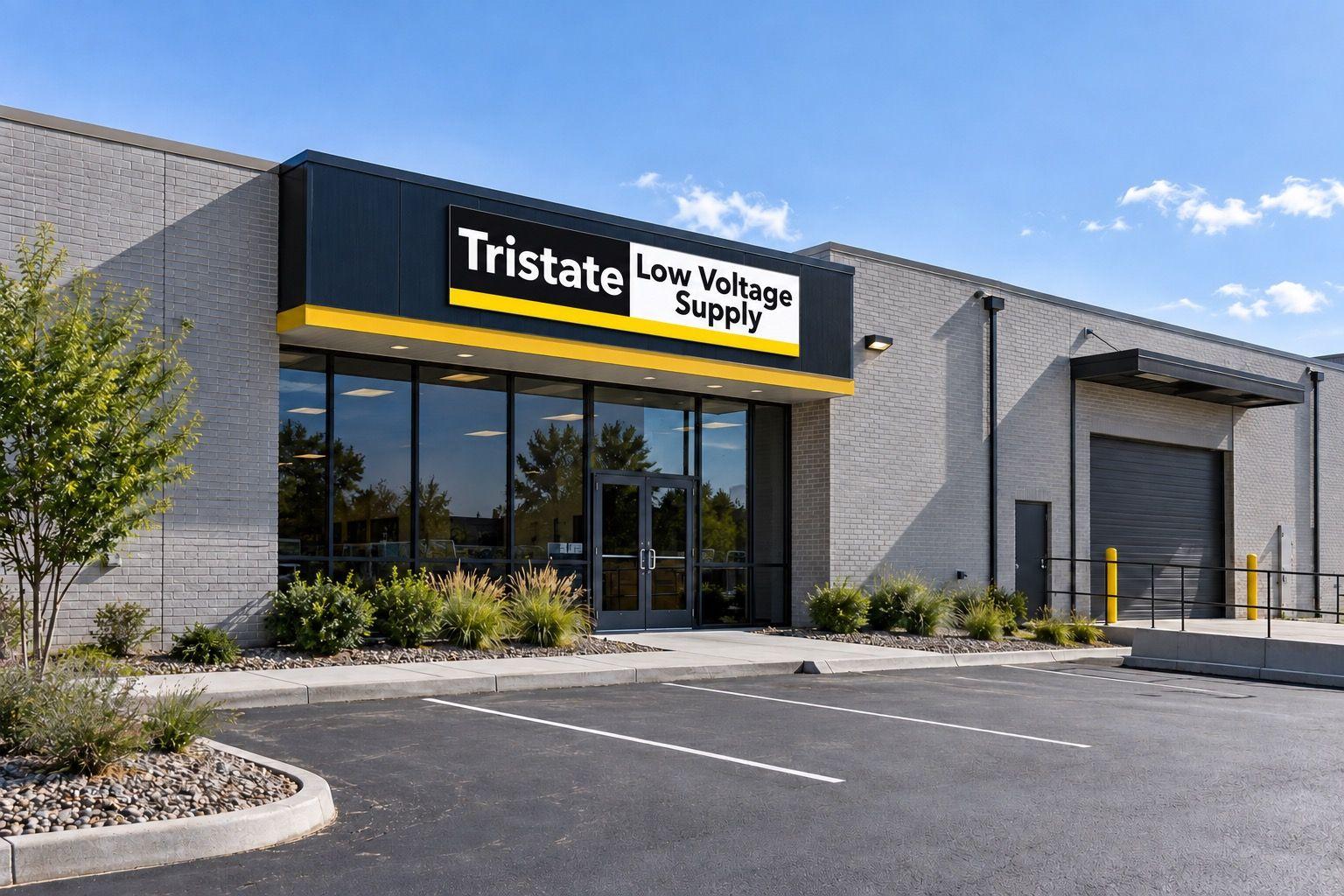 Illustrative mockup of a Tristate Low Voltage Supply warehouse exterior, not the actual location