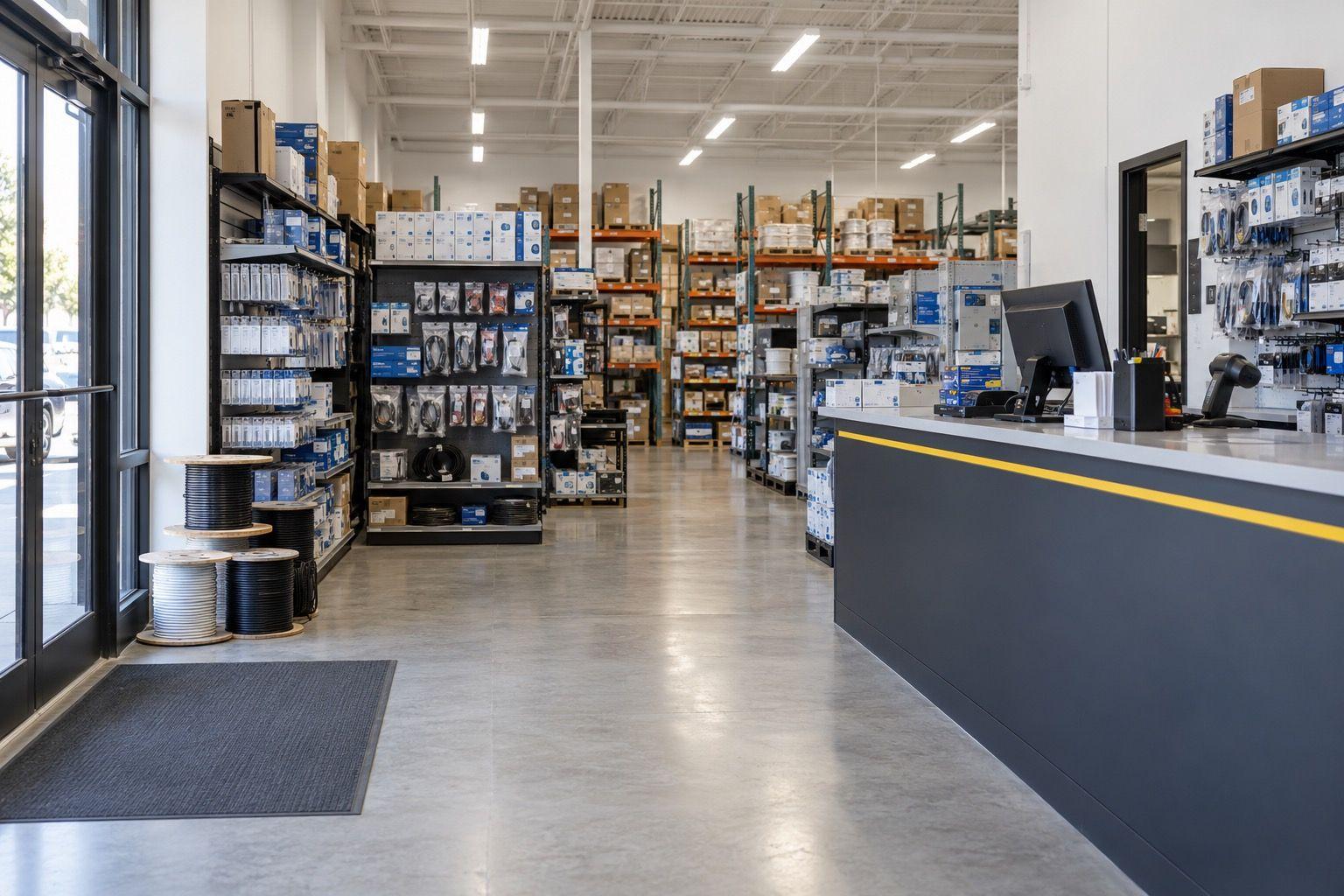 Illustrative mockup of a Tristate Low Voltage Supply warehouse interior, not the actual location